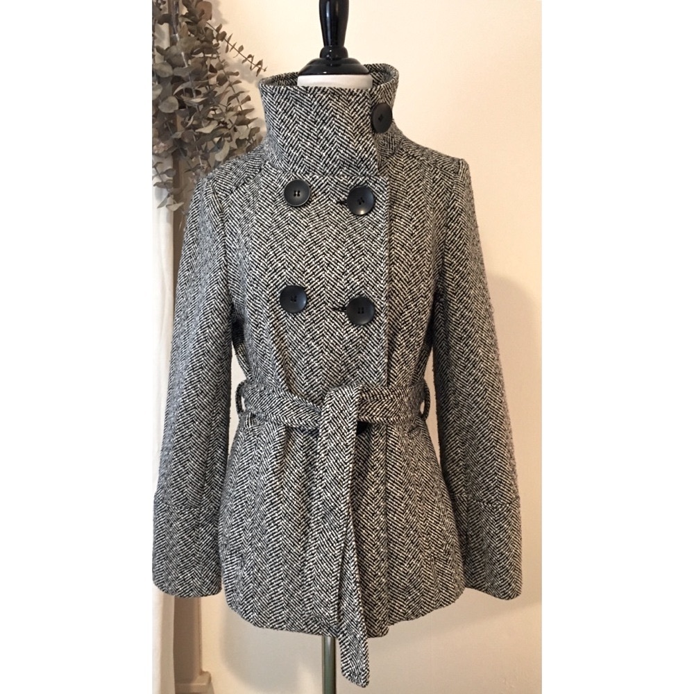 Last Kiss Herringbone Belted Peacoat Sz L
